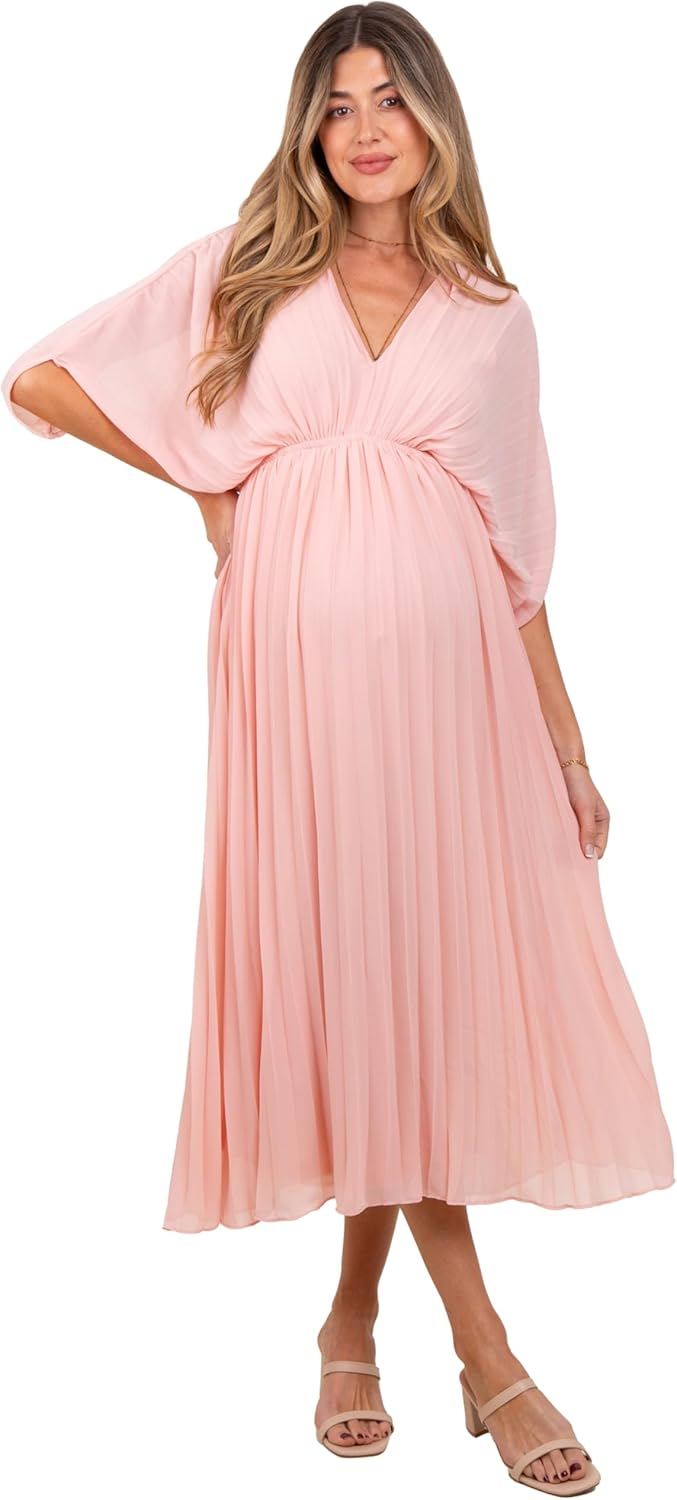 PinkBlush Pleated V Neck Maternity Maxi Dress