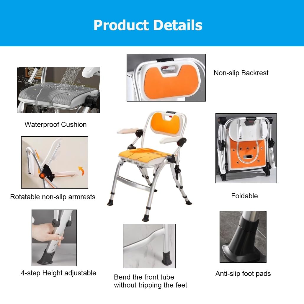 Sedia da doccia pieghevole portatile for anziani e disabili, sedile da bagno pieghevole, sedie da bagno pieghevoli regolabili in altezza a 4 livelli(Oranje,B)