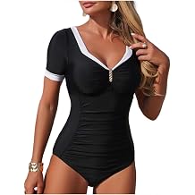 Ruziyoog One Piece Swimsuit for Women Tummy Control Short Sleeve Bathing Suit Modest V Neck Push Up Slimming Swimwear
