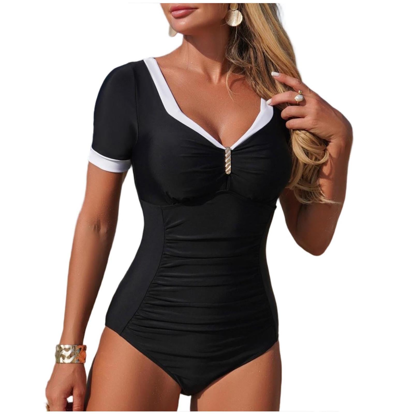Bañador Reductor Mujer Barriga Trajes de Baño Una Pieza Bañadores de Reducir Barriga Monokinis Manga Corta Cintura Alta Cuello V Sexy Bañadores Push Up con Relleno Ropa de Baño Piscina Playa