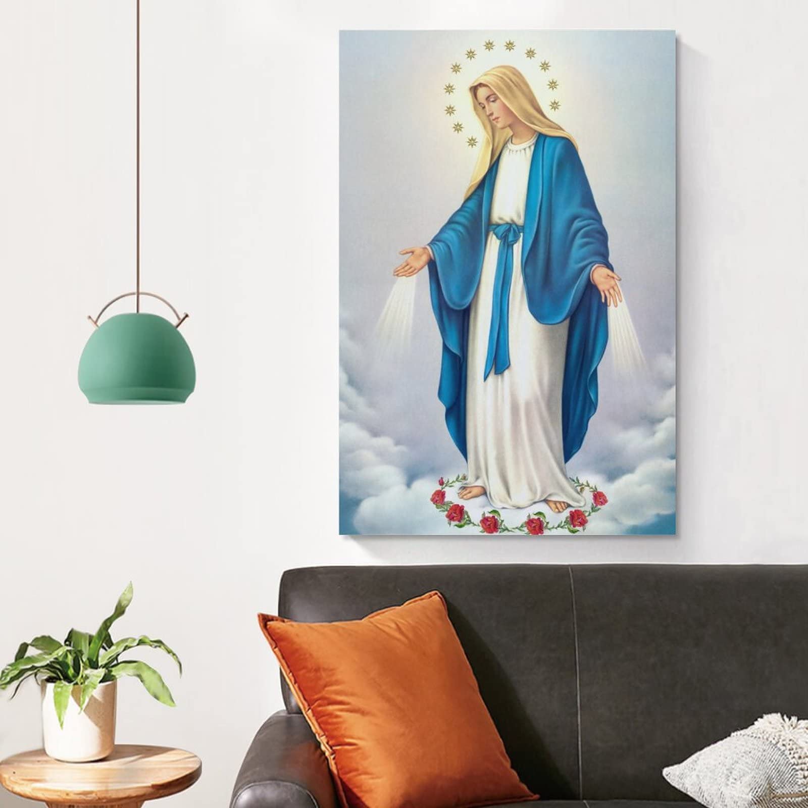 Peinture Murale Vierge Marie Sur Toile 20x30 Cm - Robes Bleues Et Blanches, Motifs Floraux, Sans Cadre - 11