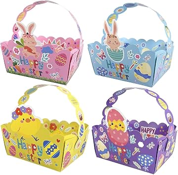 24 Pack Easter Basket for Kids,Easter Paper Baskets Bulk, Treat Boxes with Handle Gift Bags For Kids, Treat Bags Candy Cookies Box for Craft,Egg Hunt, Birthday, Party