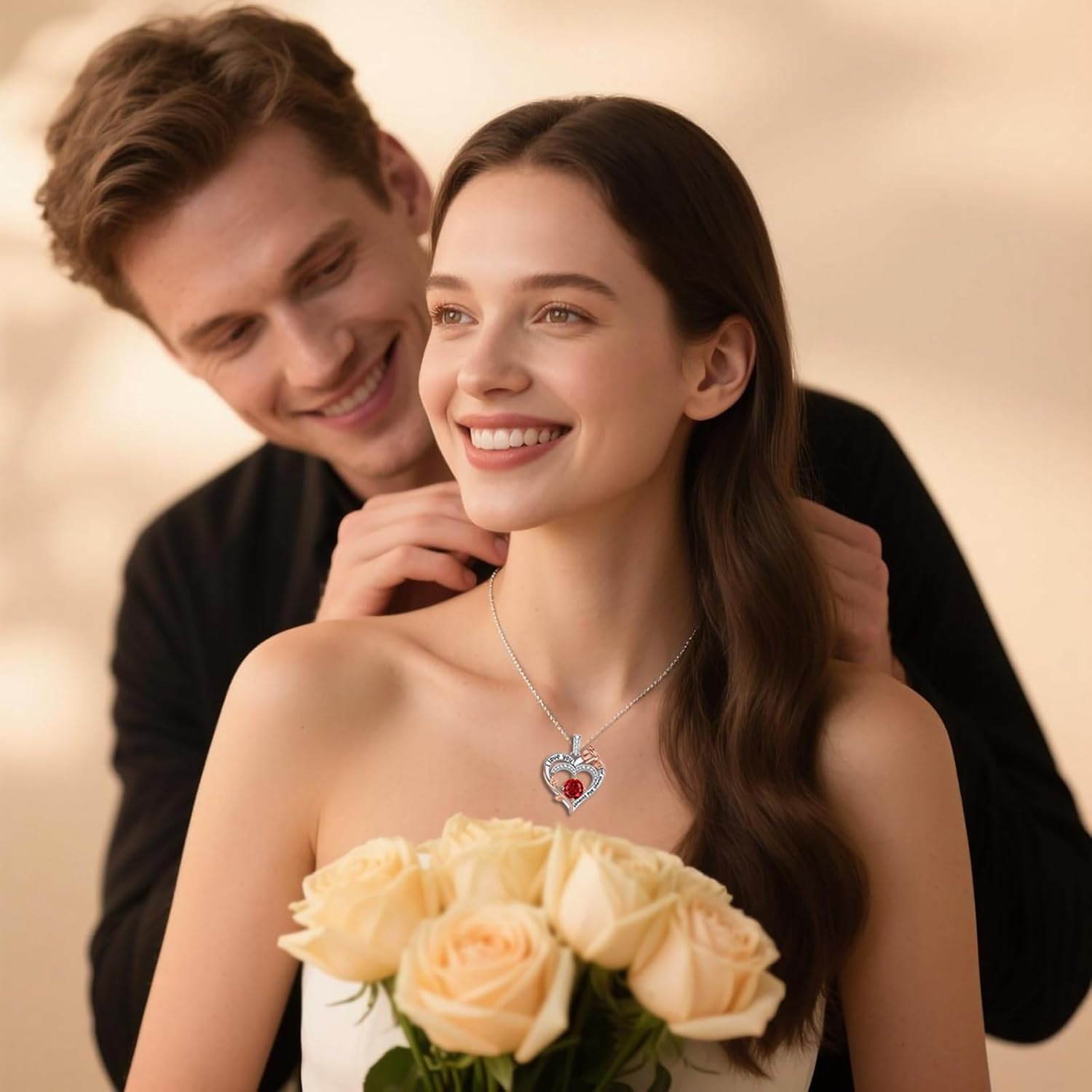 Rose Birthstone Heart Necklaces for Women S925 Sterling Silver I Love You Jewelry Gift for Women Birthday Wedding Anniversary, Mother’s Day Gifts for Mom, Mother, Wife, Girlfriend with Birthstone Pendent Necklace - Image 2