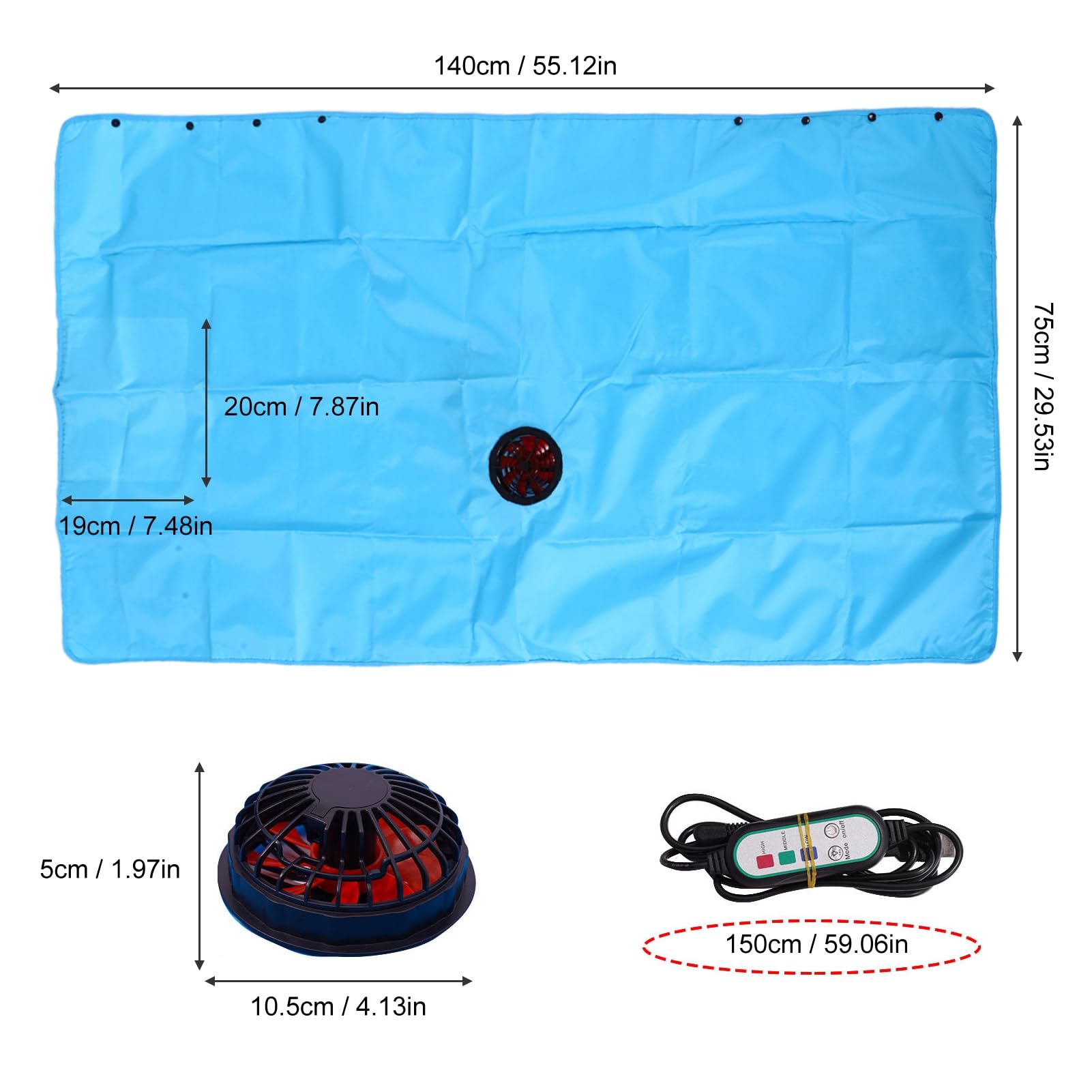 Kühldecke mit Ventilator, USB-Kühlventilatordecke aus Polyester-Seide, 140 X 75 cm, 3-Gang-Verstellbarer Luftstrom, Waschbares Design für Camping, Sofa, Bett, Strand