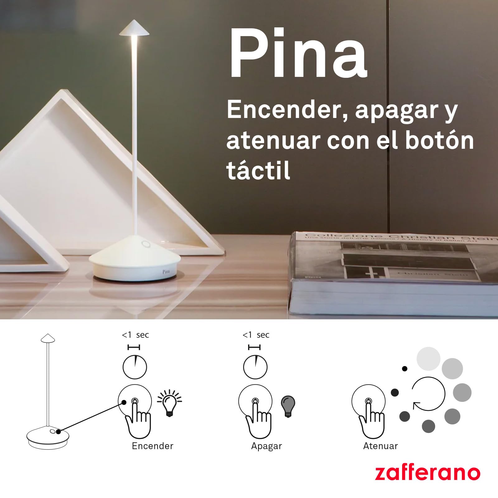 Zafferano, Pina, Lámpara de Mesa Recargable e Inalámbrica con Control Táctil, Adecuada como Lámpara de Exterior, Atenuador, 2200-3000 K, Altura 29 cm, Color Arena
