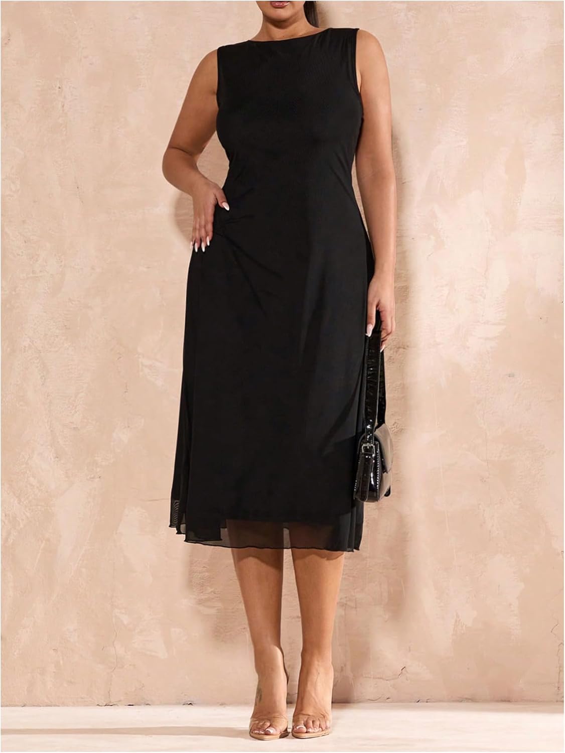 Milumia Women's Plus Size Mesh Sleeveless Midi Dress Elegant Crew Neck A Line Flowy Party Dresses - Image 4