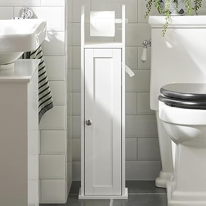 Haotian FRG135-W, White Free Standing Wooden Bathroom Toilet Paper Roll Holder Storage Cabinet Holder Organizer Bath Toilet