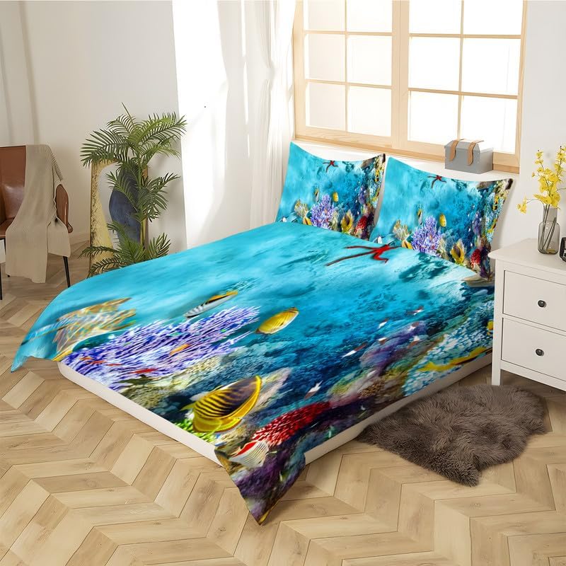 Miniatura 3 de Sky Blue Fish School Duvet Cover Full Animal Print Bedding Sets Full Soft Microfiber Comforter Cover and 2 Pillow Shams 20"X26", Bed Set Duvet