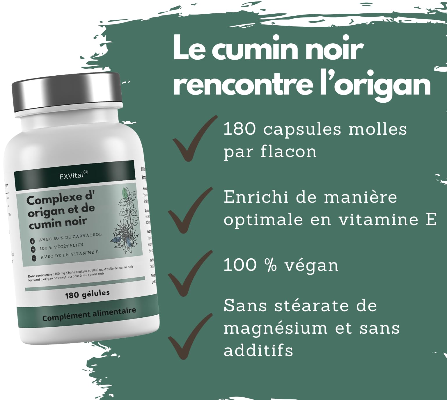 EXVital® Complexe d’huile d’origan & d’huile de nigelle, 180 gélules véganes, 100 mg d’huile d’origan & 1000 mg d’huile de nigelle par jour, 80% de carvacrol, hautement dosé & sans additifs