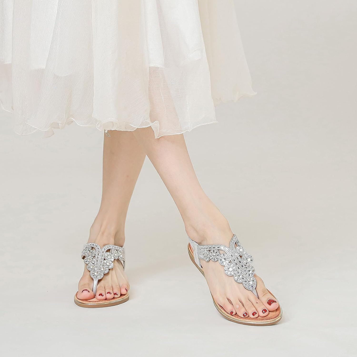 Women's Flat Thongs Sandals Rhinestone Beaded Bohemia Beach Shoes