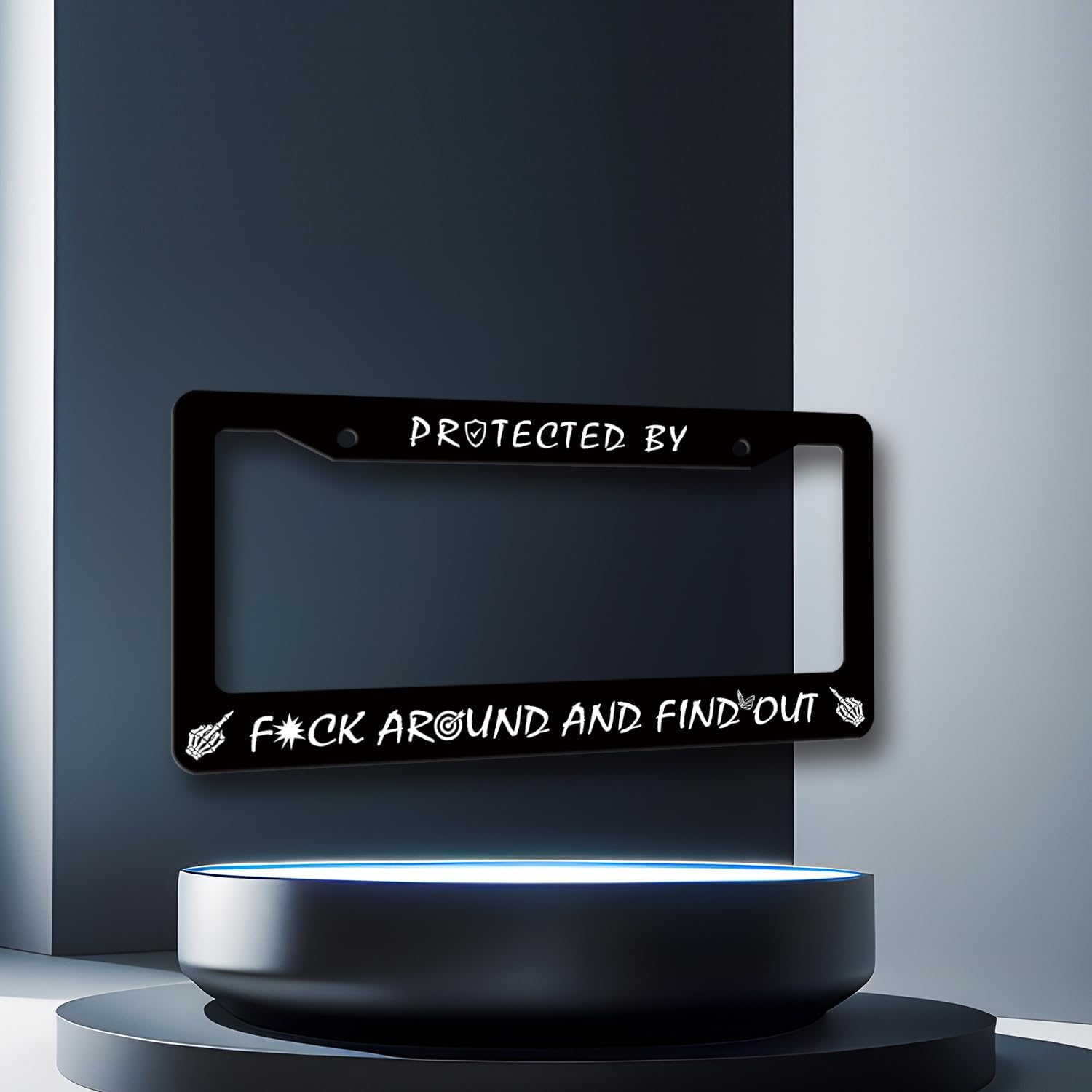 Protected by Fuck Around and Find Out License Plate Frame Funny License Plate Personalise Men Women Car Decoration Stainless Steel Black License Plate Holder Auto Parts 12.2" x 6.2"