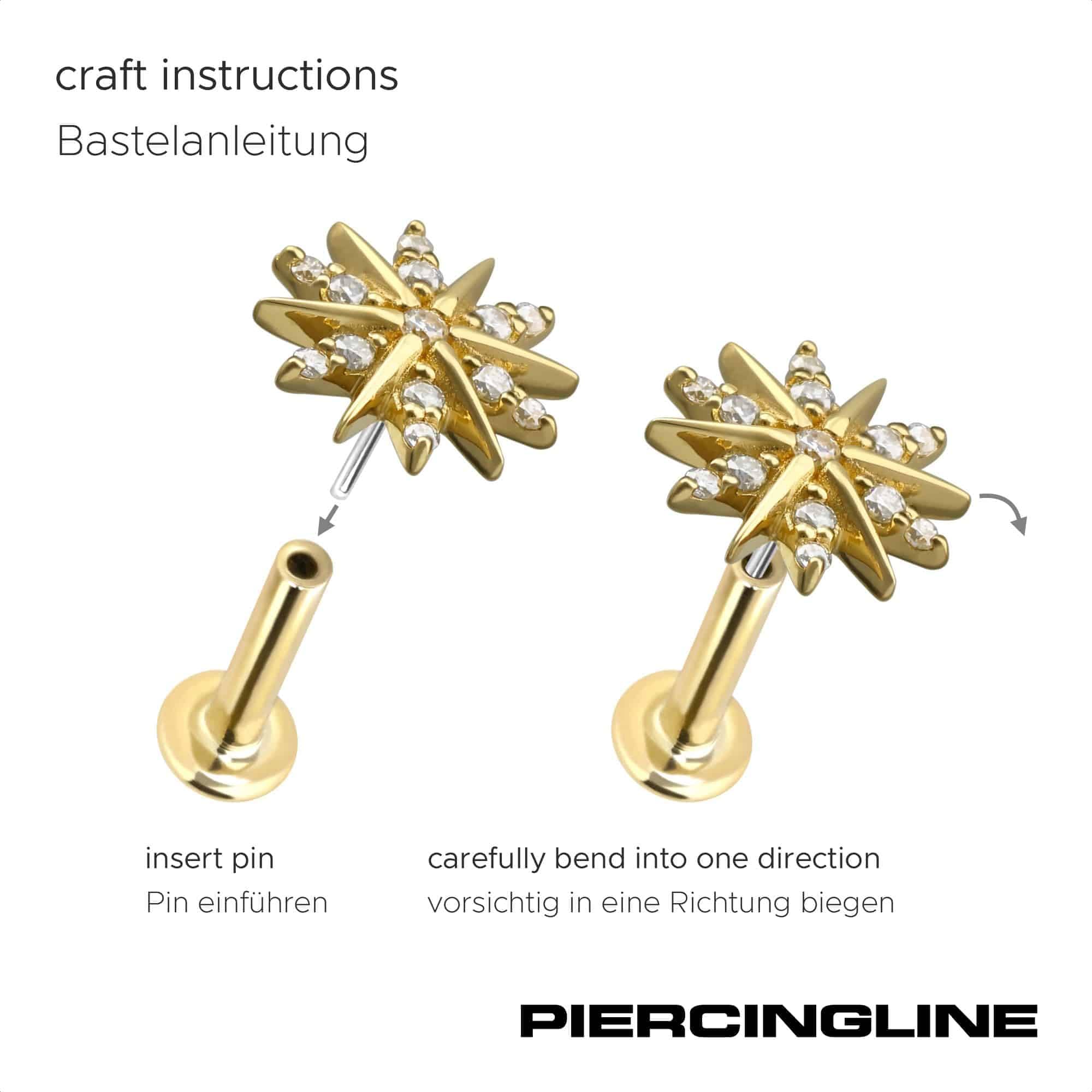 PIERCINGLINE Piercing Stecker 14 Gold Labret mit Push Fit MOISSANIT-BLUME 585er Gold - Roségoldfarben, Goldfarben, Silberfarben