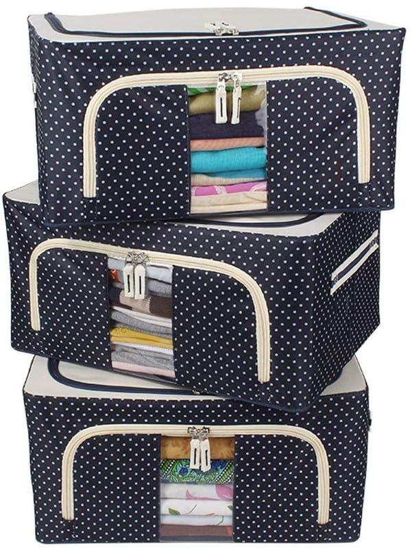 Image of Clothes Storage Box Wardrobe Organizer For Clothes 24 Liter Foldable Steel Frame Clothes Organizer Storage Box For Wardrobe, Saree, Shirts, And Blankets Pack Of 3