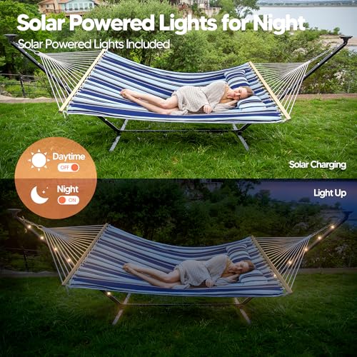 Image of SUNCREAT Double Backyard Hammock with Solar Powered Lights for Outside, 475 lbs Capacity, Heavy Duty Self Standing Hammock with 12 ft Stand, Blue