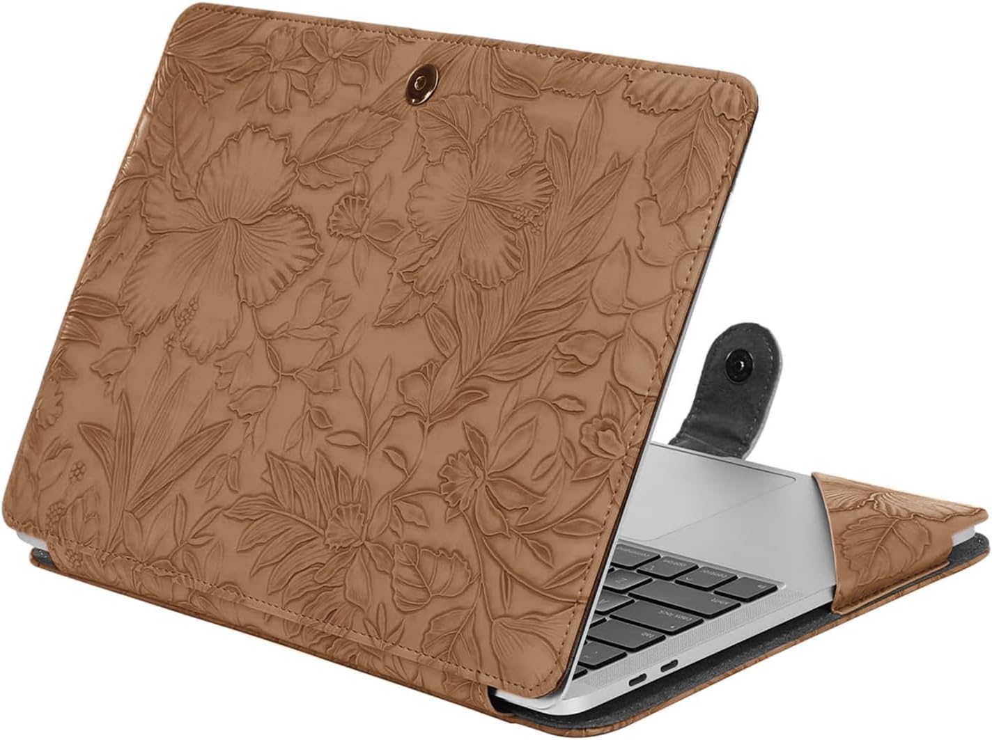 MOSISO Case Compatible with MacBook Air 13.6 inch M4 M3 M2 2025-2022 /Air 13 M1 2022-2018 /Pro 13 M2 M1 2025-2016, Embossed Retro Hibiscus PU Leather Portfolio Protective Stand Cover, Brown