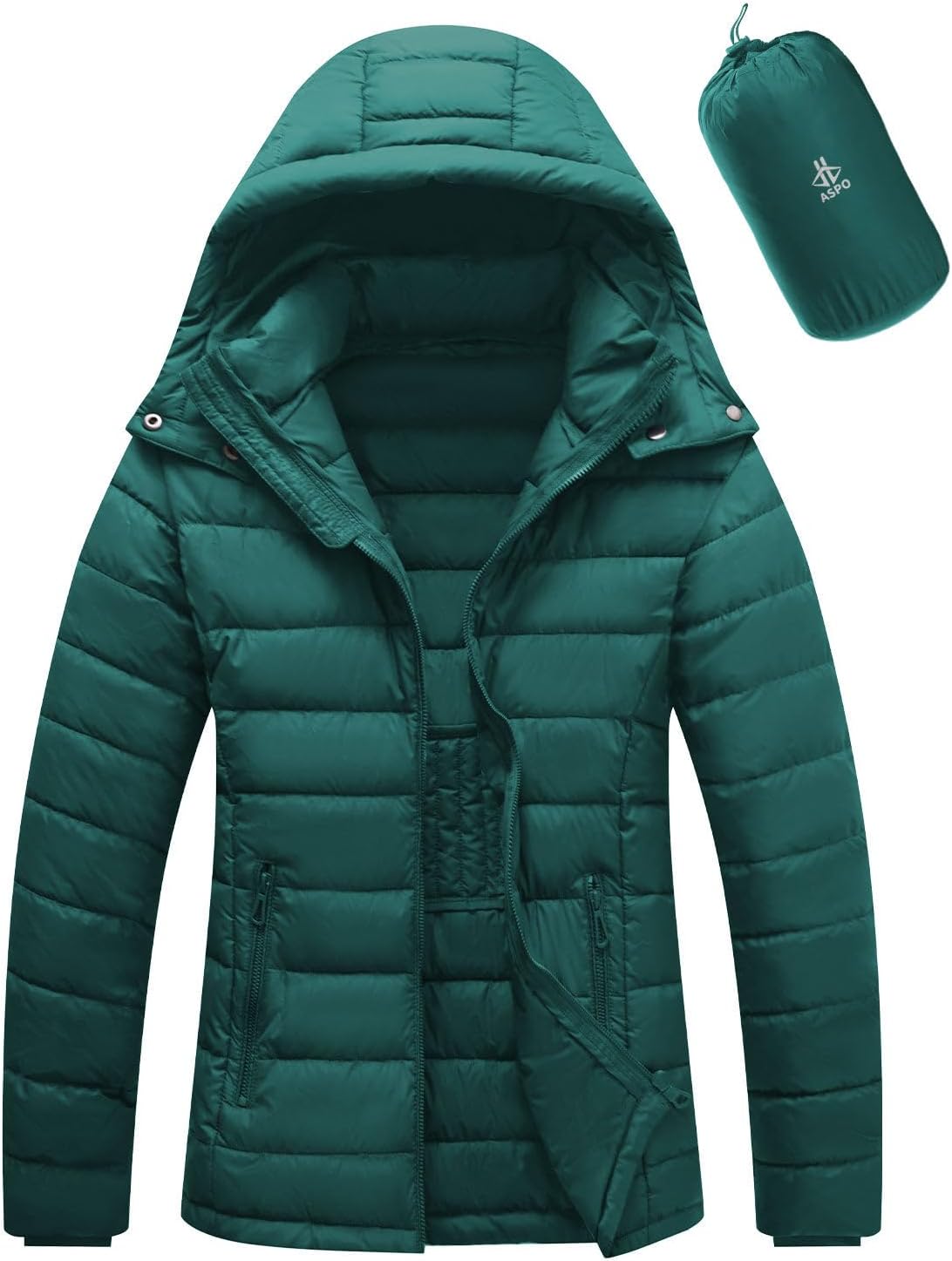 ASPO Women's Packable Puffer Jacket Lightweight Waterproof Warm Full Zip Quilted Winter Coat with Hood