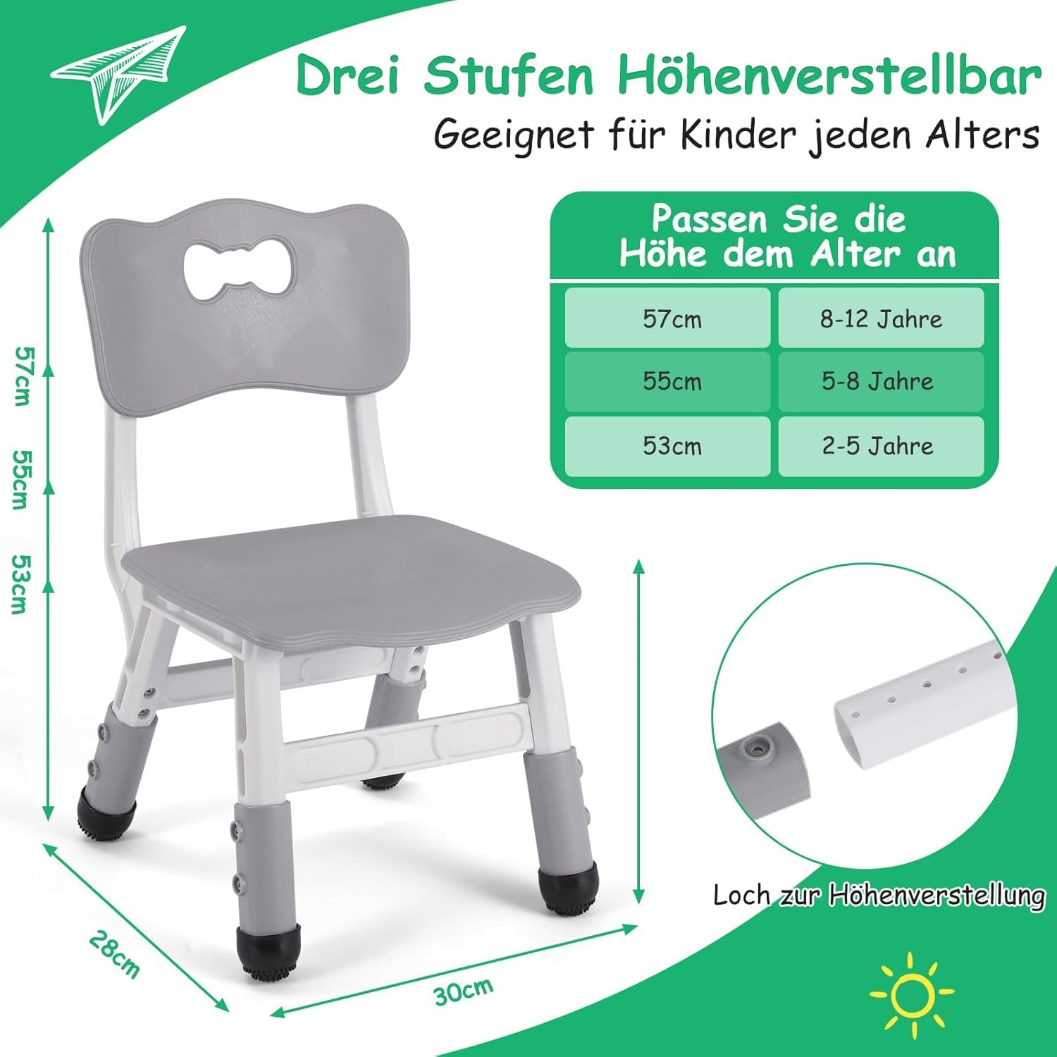 4PCS Sedia Bambini Plastica, Sedie per Bambini Regolabile in Altezza, Sediolina Portata 100kg, Sgabello da 2 Anni, Sedia da Scrivania per Bambini per la Cameretta, Scuola, Asilo Nido, Grigio