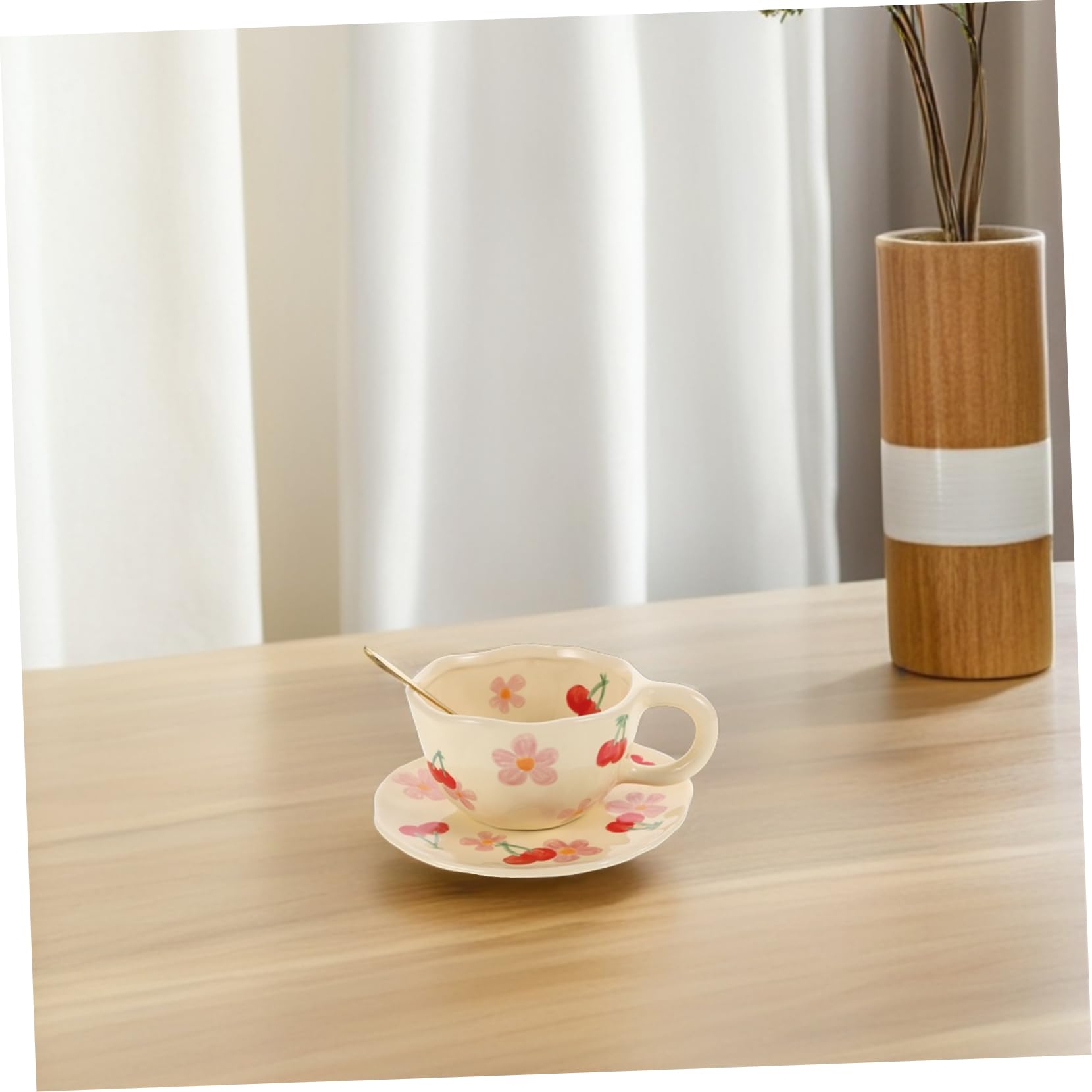 Tasse à Café en Céramique Créative avec Soucoupe et Cuillère, 1 Set Rose