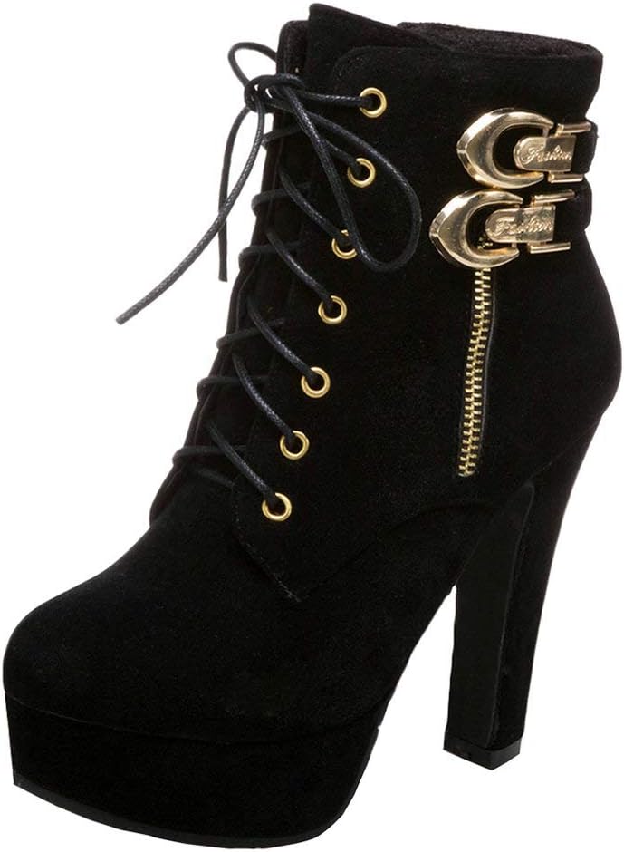 Bellirala Womens Platform Lace Up Biker Boots Chunky High Heel Booties Buckle