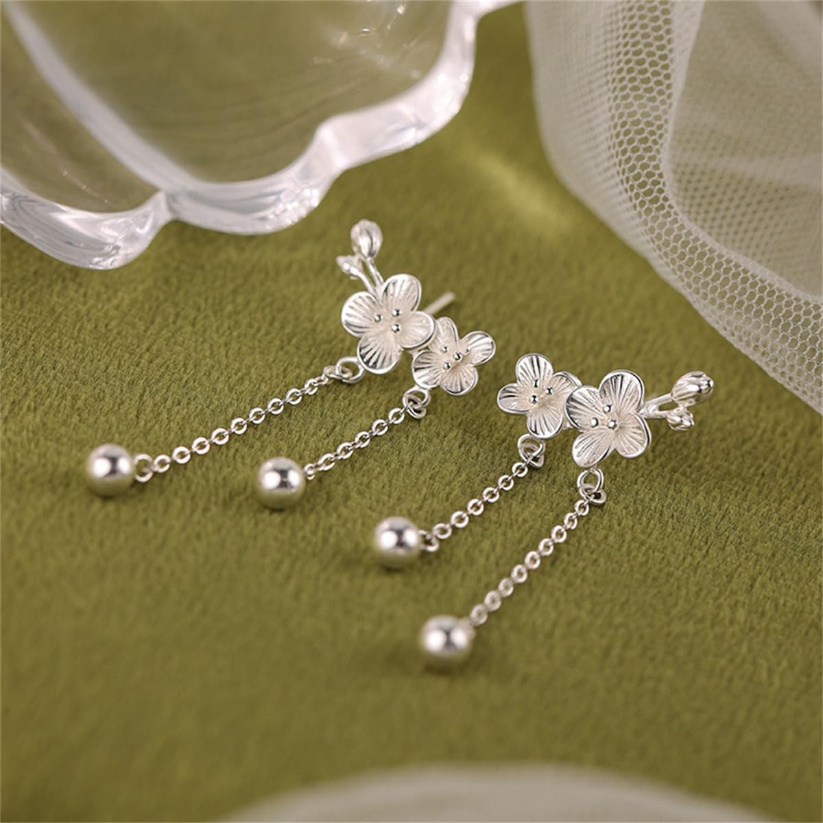 Flower Pearl Dangle Drop Earrings for Women 925 Sterling Silver 14K Gold-Toned Cubic Zirconia Threader Chain Tassel Ball Charms Drop Dangling Stud Earring Dainty Blossoms Wedding Jewelry - Image 5