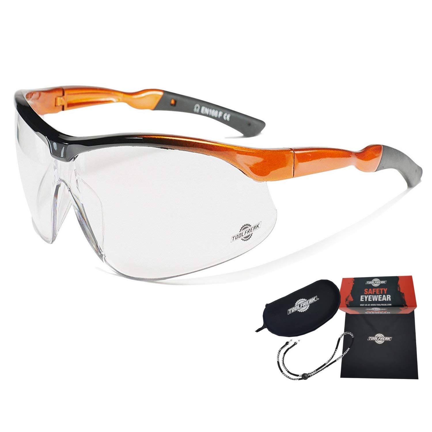 ToolFreakSafety Glasses, Wraparound Lens, ANSI z87.1, Impact Protection, U6 UV, Neck Cord and Microfibre Pouch,(Agent)