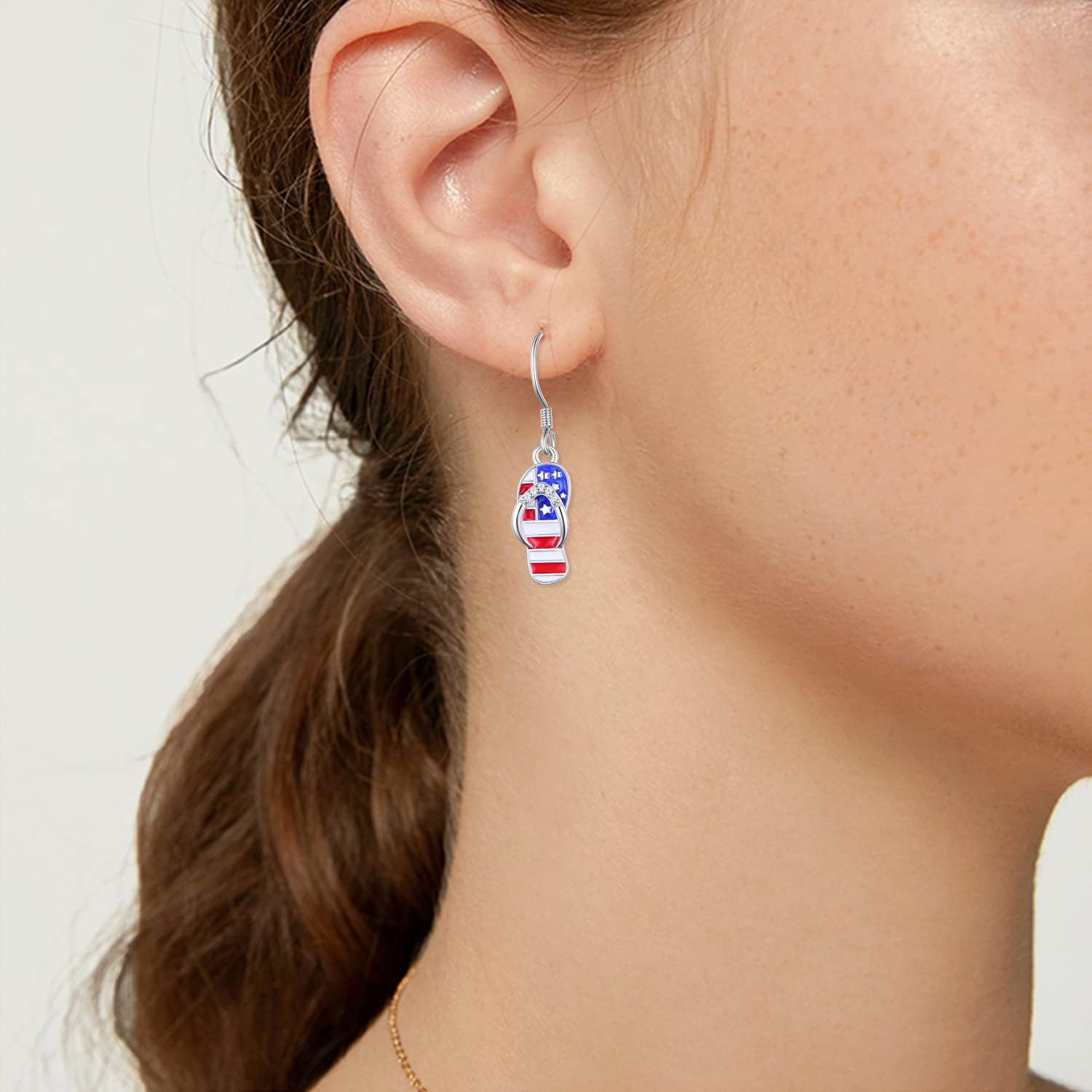 American Flag Earrings 925 Sterling Silver Flip Flops 4th of July American Flag Dangle Drop Earrings Patriotic Jewelry Independence Day Gifts for Women