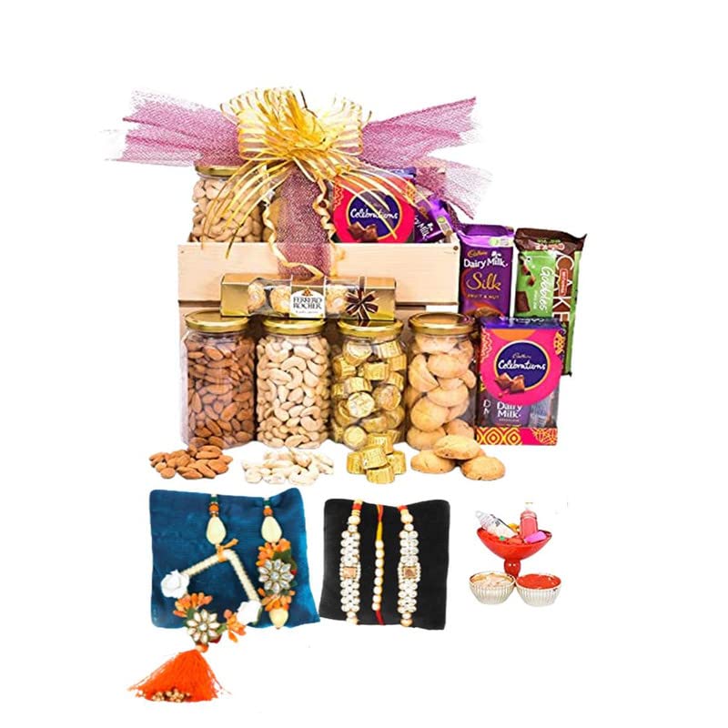 Image of NUTRI MIRACLE Rakhi Dry Fruit & Nut Gifts With Variety Of Chocolates N Handcrafted Rakhis For Brother N Family,700gm