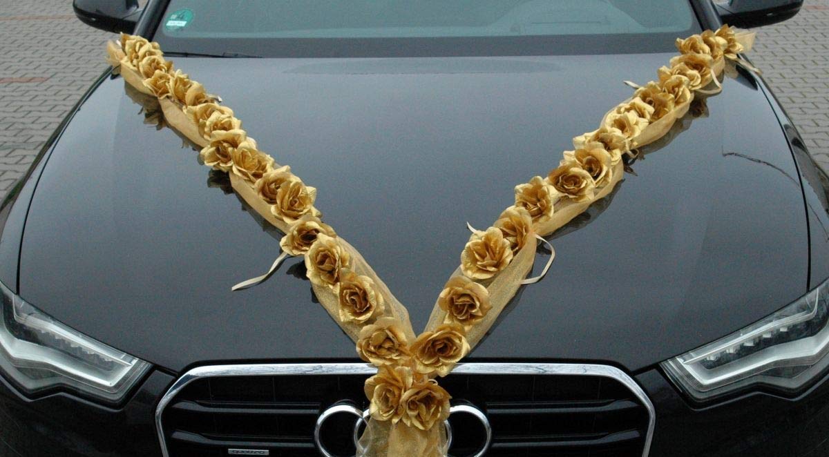 Gold Silber Auto Schmuck Braut Paar Rose Deko Dekoration Autoschmuck Hochzeit Car Auto Wedding Deko Ratan (RG Gold)