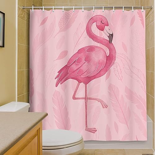 Miniatura 2 de Cortina de ducha rosa, bonitas cortinas de ducha de flamenco, cortinas de baño bohemias de arte moderno, juego de accesorios de baño rosa, 71 x 71