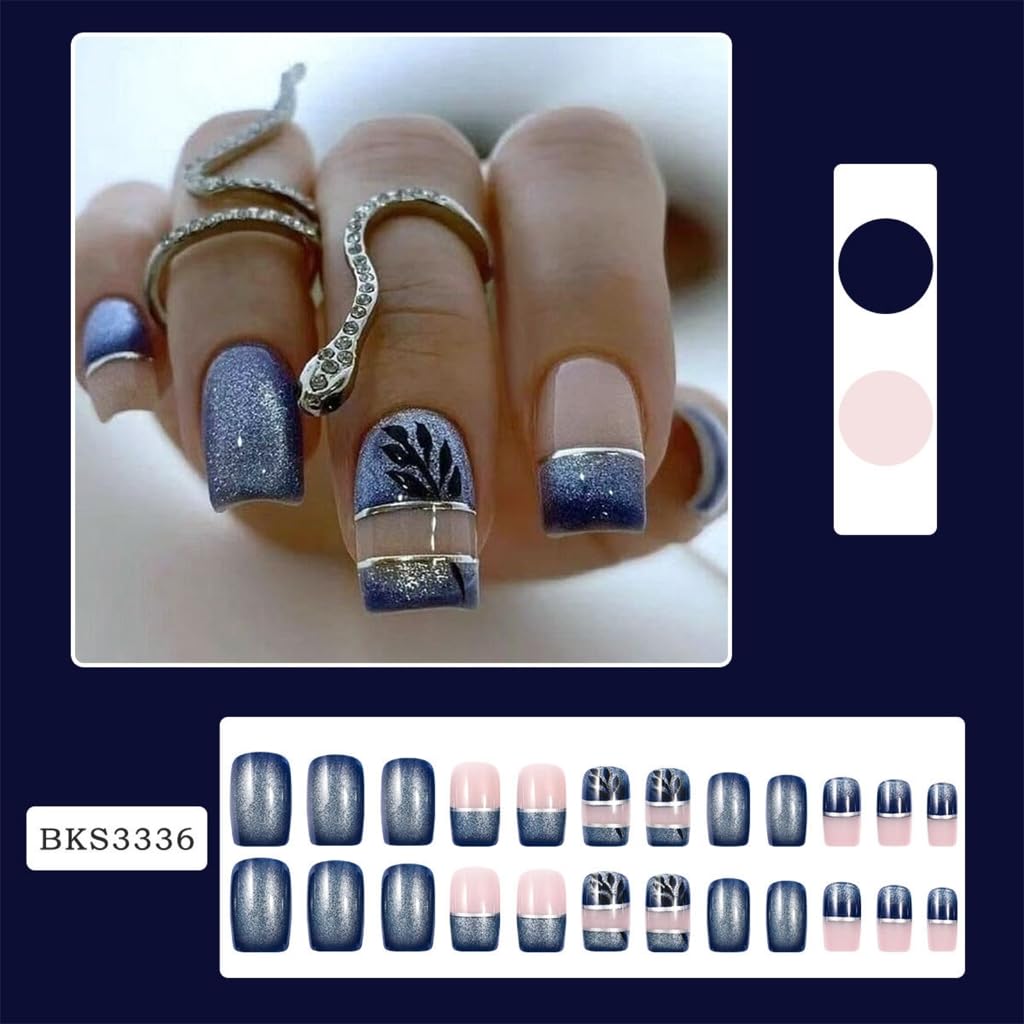 24 Pcs Leaves False Nails Glittering Full Covers Stick on Nails Blue Artificial Nails Mediums Square