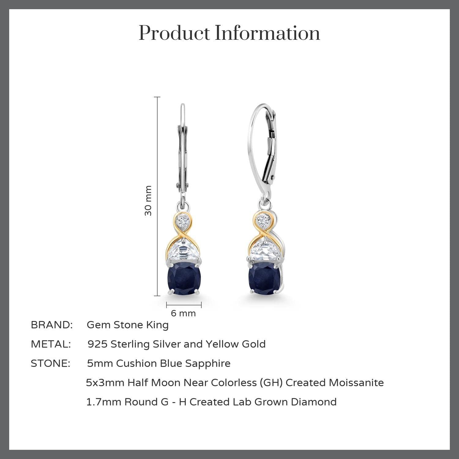 Two-Tone 5MM Cushion Gemstone Birthstone Half Moon White Moissanite and Lab Grown Diamond Dangle Earrings for Women | 925 Silver and 10K Yellow Gold | 1.2 Inch Drop | Fine Jewelry for Her Mom Wife