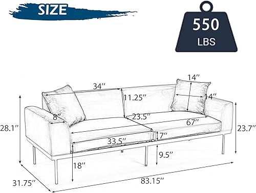 Miniatura 9 de RIDFY Moderno sofá biplaza de 83 pulgadas con patas de metal, sofá biplaza de terciopelo copetudo con dos almohadas, sofá de mediados de siglo con