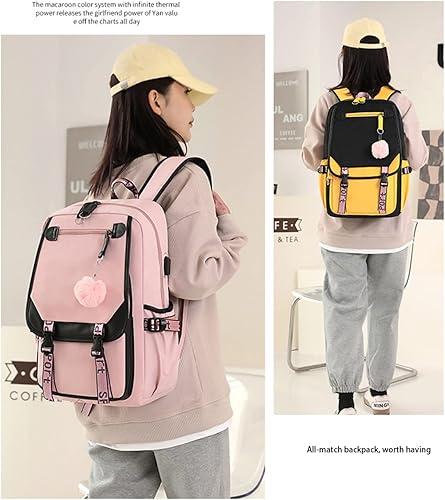 Miniatura 7 de KUJIAPIN Mochila para niños y niñas, escuela secundaria, estudiantes, mochila para exteriores, Negro Rosa, Mochilas Daypack
