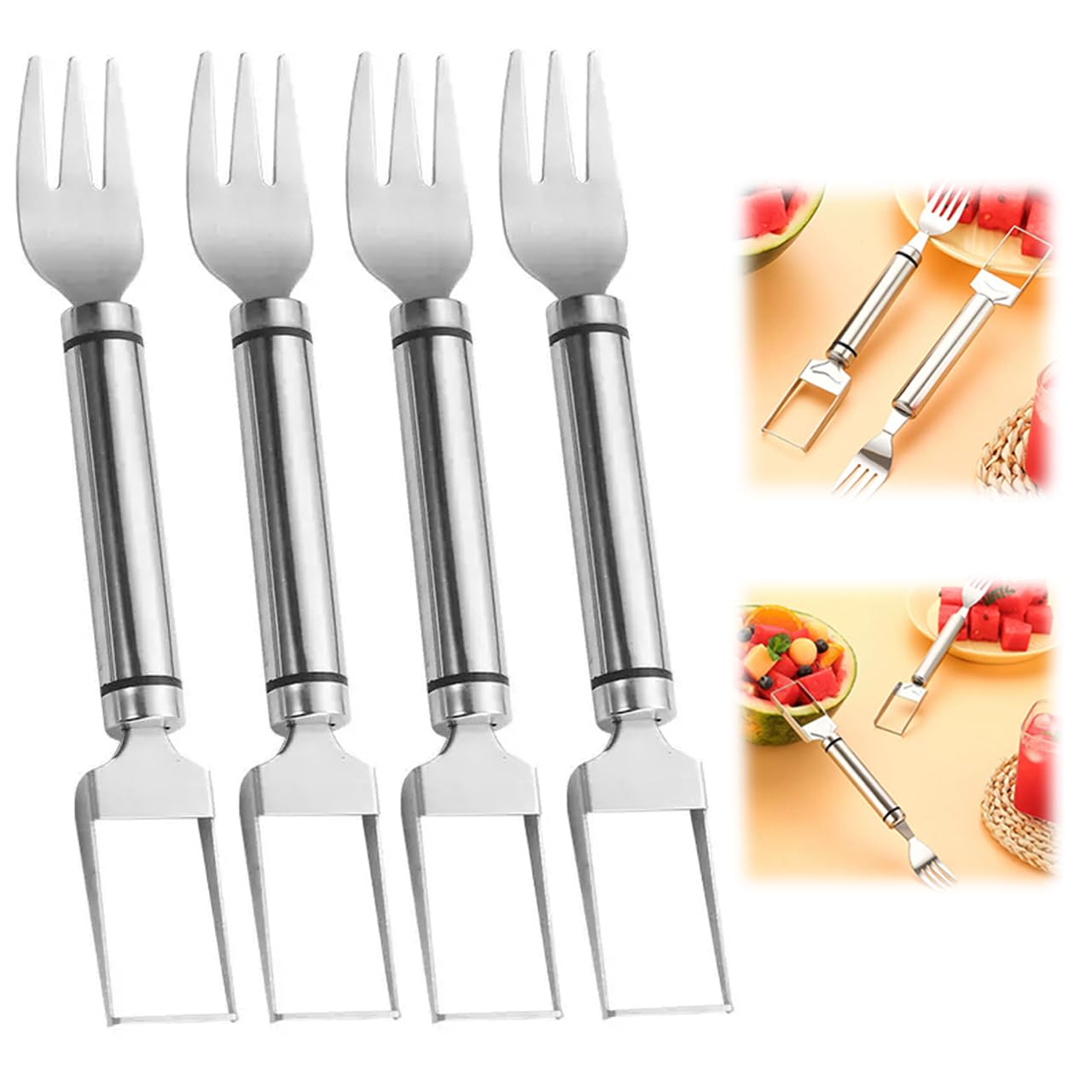 2-In-1 Stainless Steel Fruit Cutter Watermelon Fork Slicer Cutting Tool, Watermelon Fork Cutter for Home Party Camping Kitchen Gadget (4 Pcs)