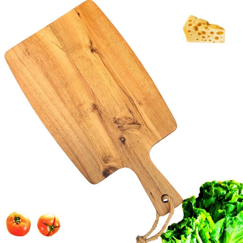 Tabla de Cortar para cocina de Madera Acacia Natural Hecha a Mano con Mango Ergonómico - Duradera y Resistente al Desgaste - Ideal para Carne, Verduras, Pan y Charcutería - Elegante.38x20