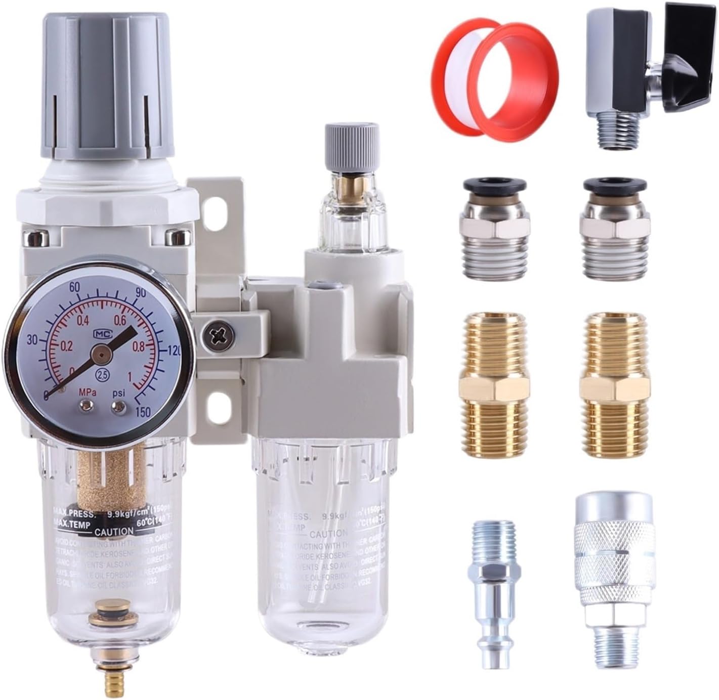 Pneumatic Pressure Regulator Air Source Processor Compressed Air Filter Regulator Lubricator Combo Water/Oil Trap Separator(AC3010-3 3l8NPT)