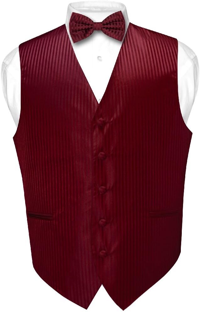 Vesuvio Napoli Men's Dress Vest & BOWTie BURGUNDY Color Vertical Striped Design Bow Tie Set