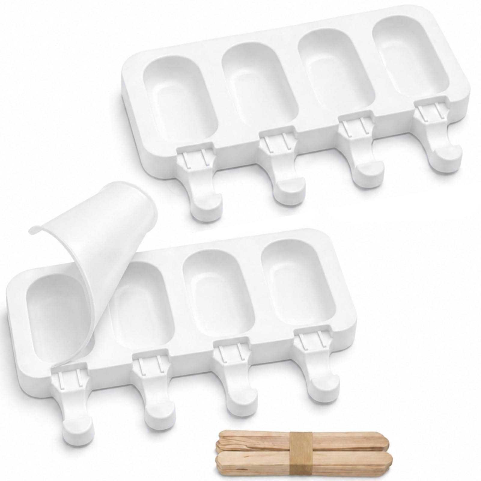 2 Piezas Moldes Helados Silicona, con 2 Tapas 50 Palos Molde Helado Reutilizable sin BPA para Hacer Helados Caseros Moldes Chocolate Bricolaje Postre para Adulto Infantiles Blanco