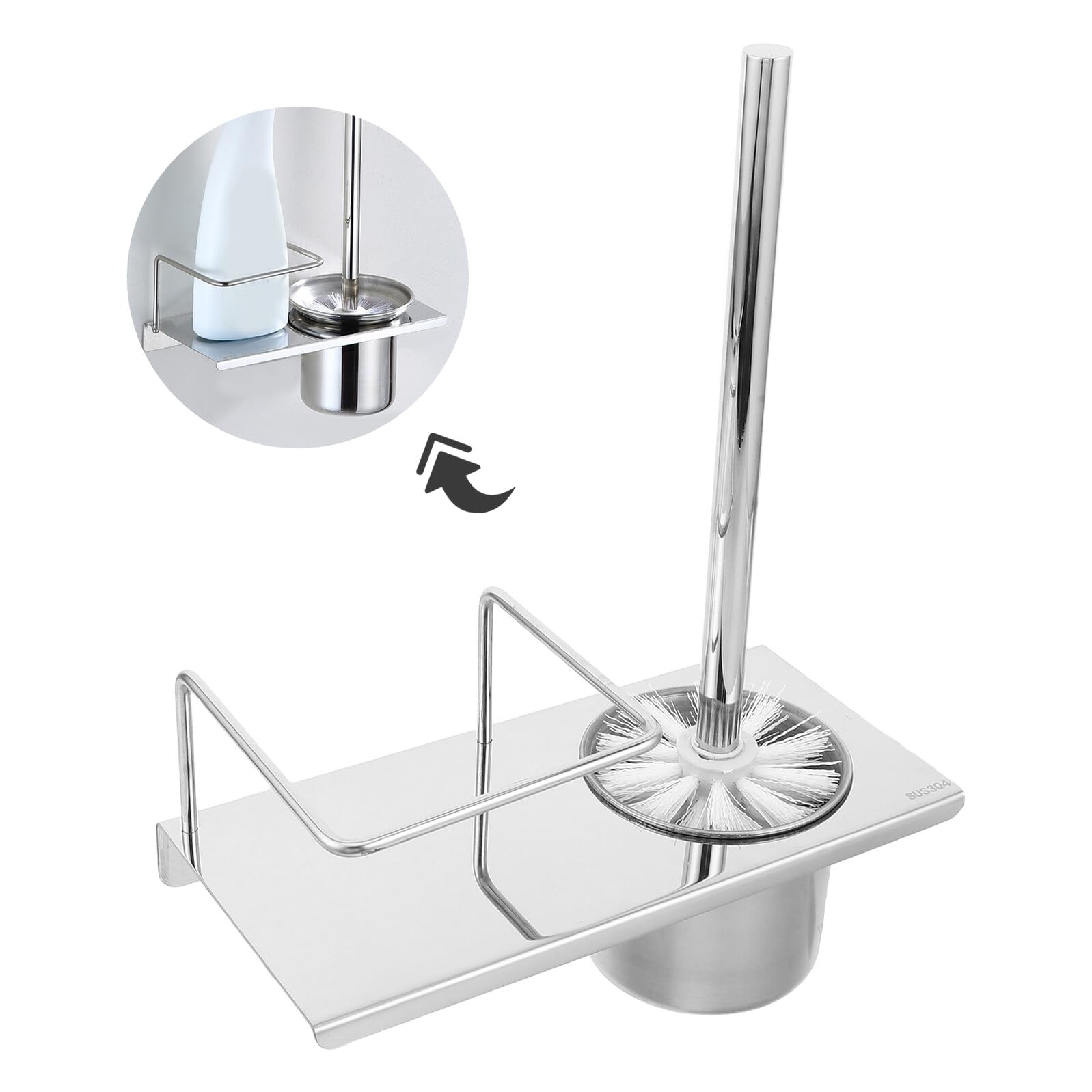FOMIYES Set de Cepillos y Soporte para Inodoro, Acero Inoxidable, Montaje en Pared, con Estante Integrado para Baño