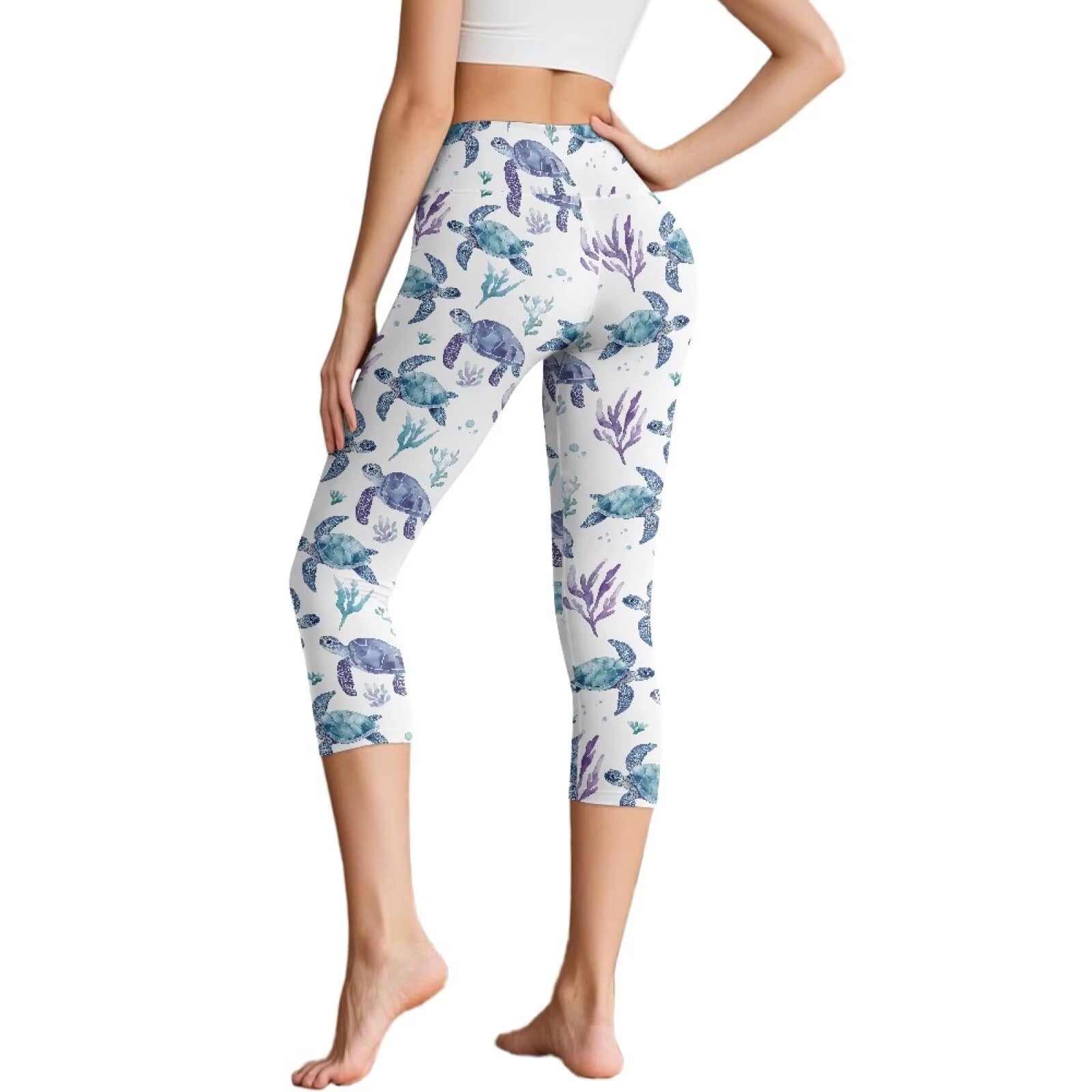 Ypexeognv Sea Turtle Womens Capri Leggings Printed Capris for Women 4-Way Stretch Running Yoga Pants Tummy Control Workout Leggings