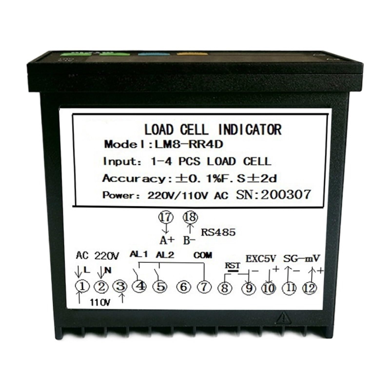 Front view of the WVCLTVJA LM8-RR4D Load Cell Indicator with LED display and control buttons.