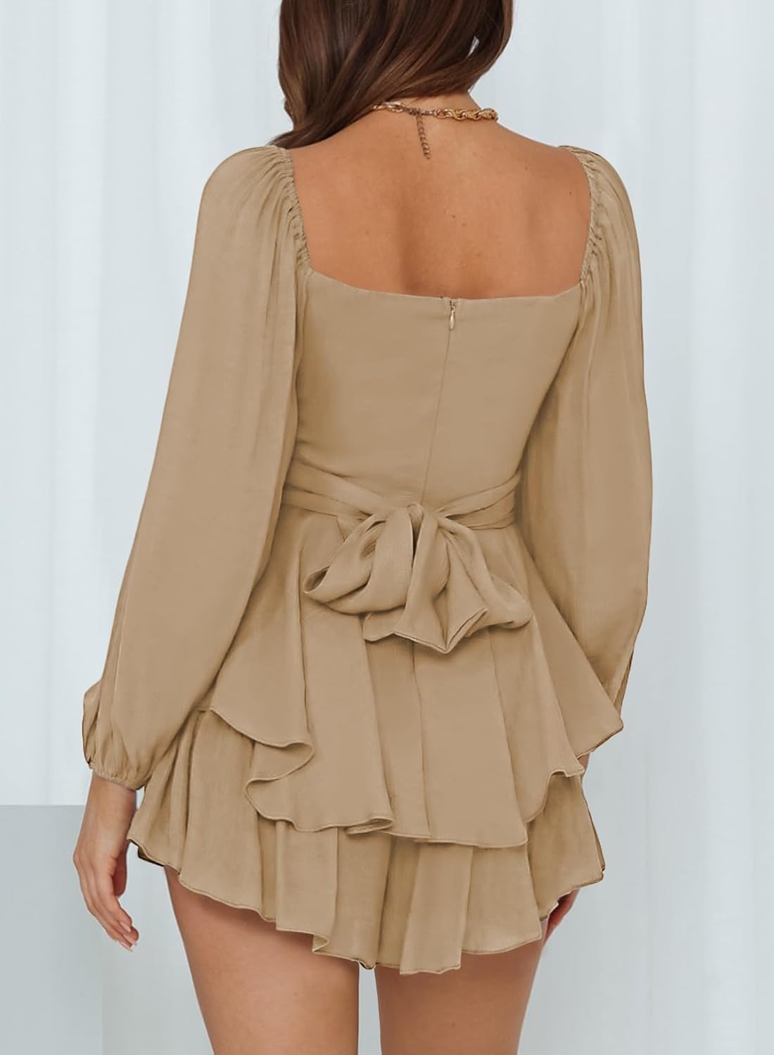 Fixmatti Women off Shoulder Rompers Lantern Long Sleeve Ruffle Tie Mini Shorts Jumpsuit - Image 7