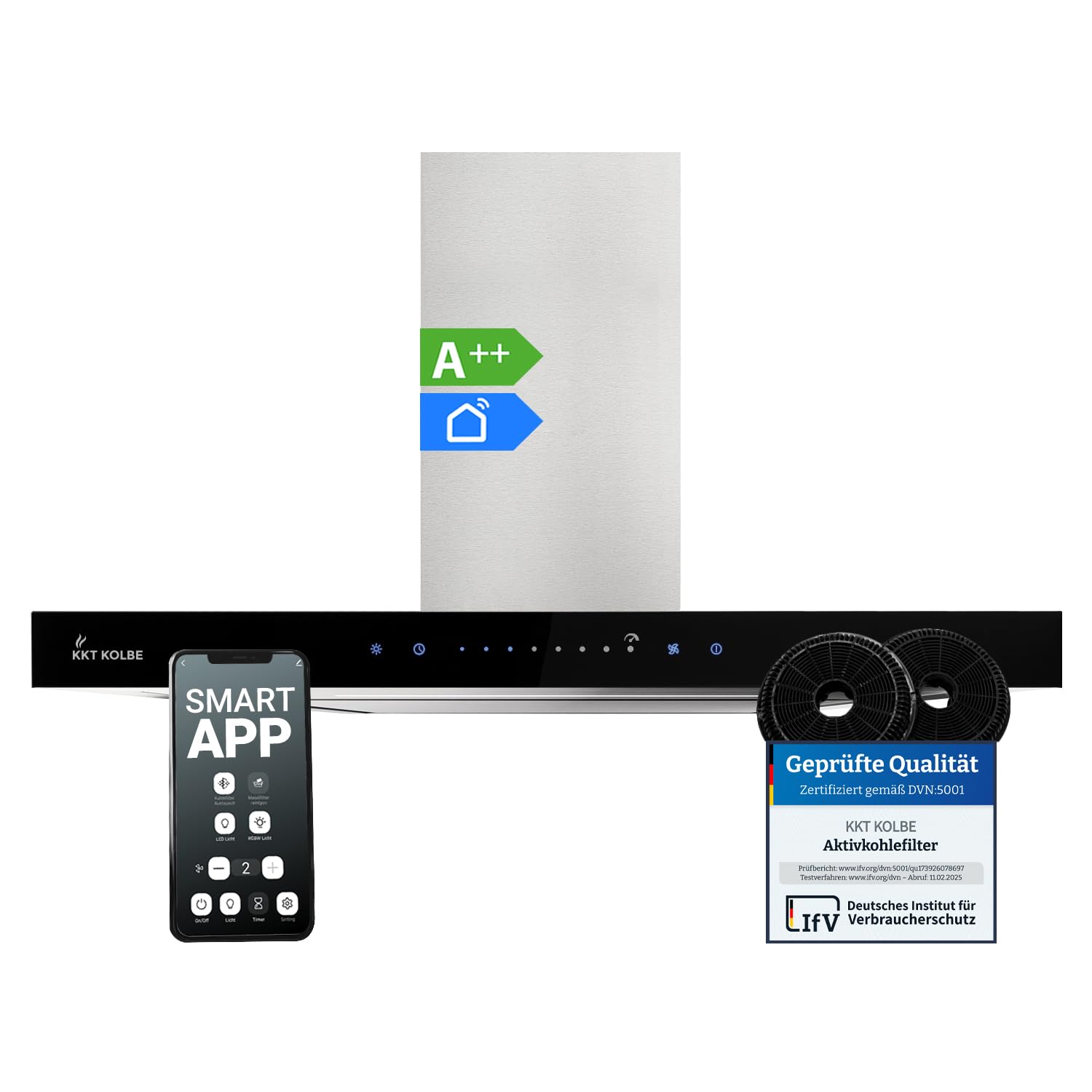 KKT KOLBE Dunstabzugshaube 60 cm Edelstahl schwarzes Glas WLAN FLAT6006ED