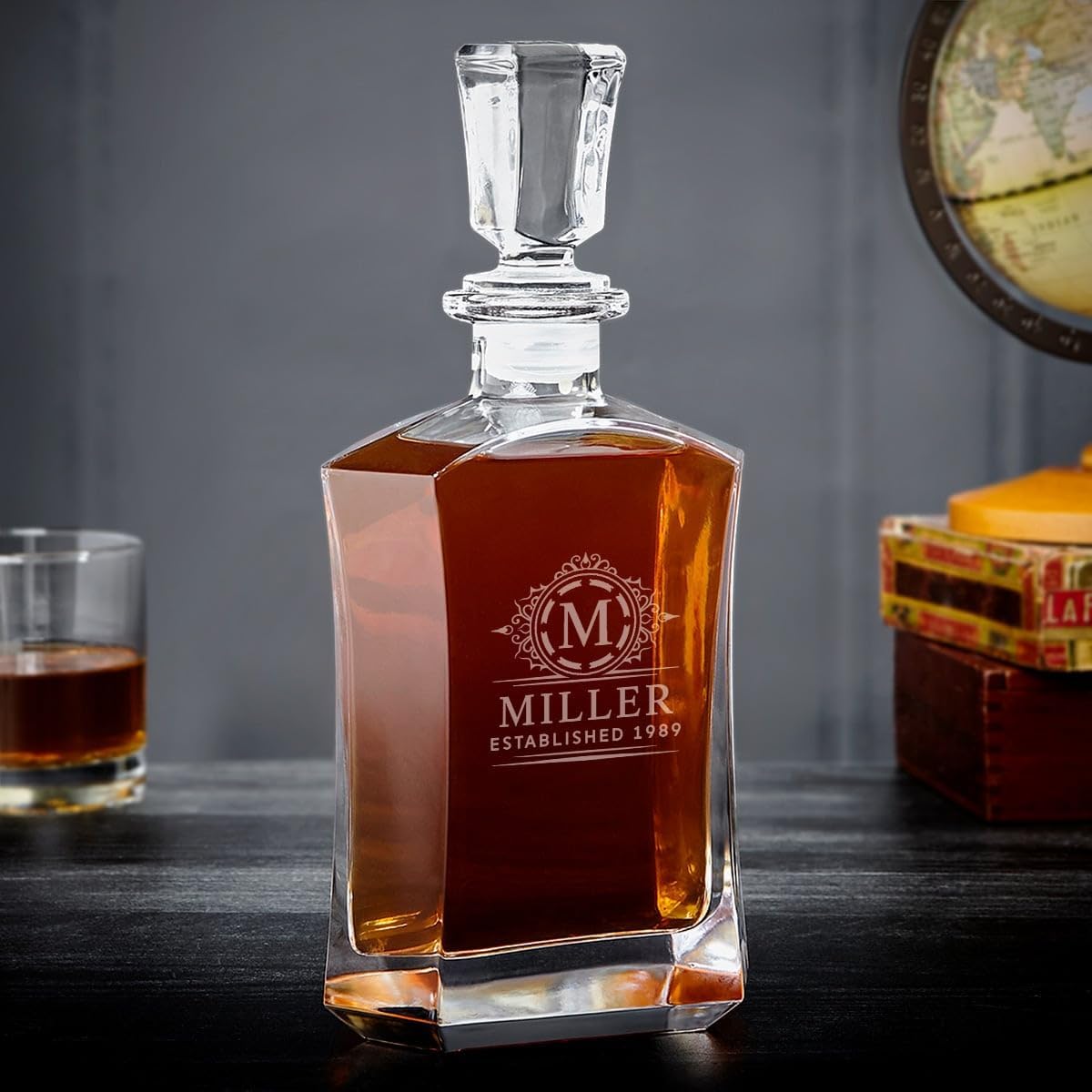 Personalized Liquor Decanter Set with Sculpted Glasses for Whiskey, Bourbon, and Scotch by HomeWetBar - Custom Decanter Set