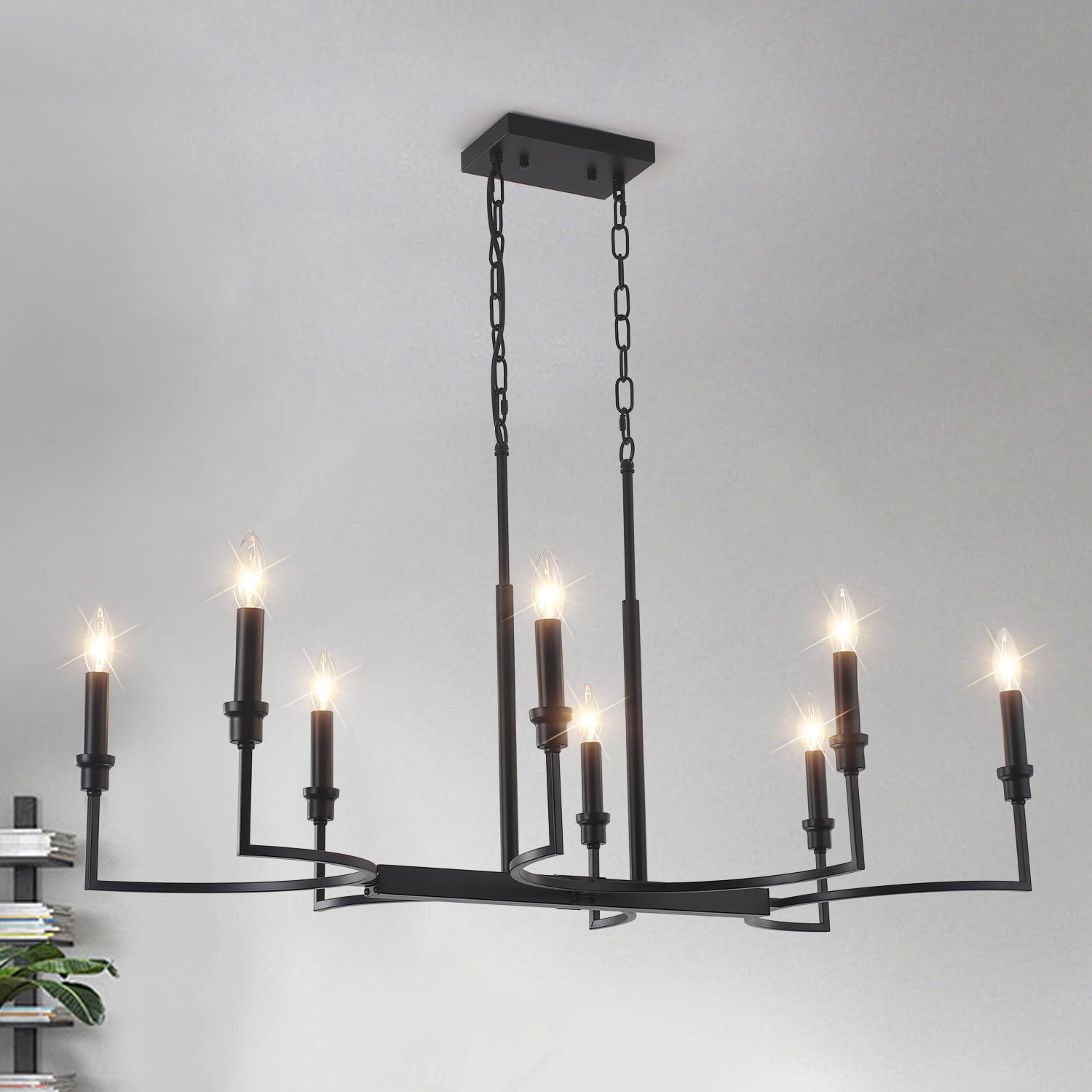 8-light black chandelier, dining room light fixtures over table, metal candle rectangular modern farmhouse chandelier light fixture retro kitchen island lighting living room entryway foyer 37in