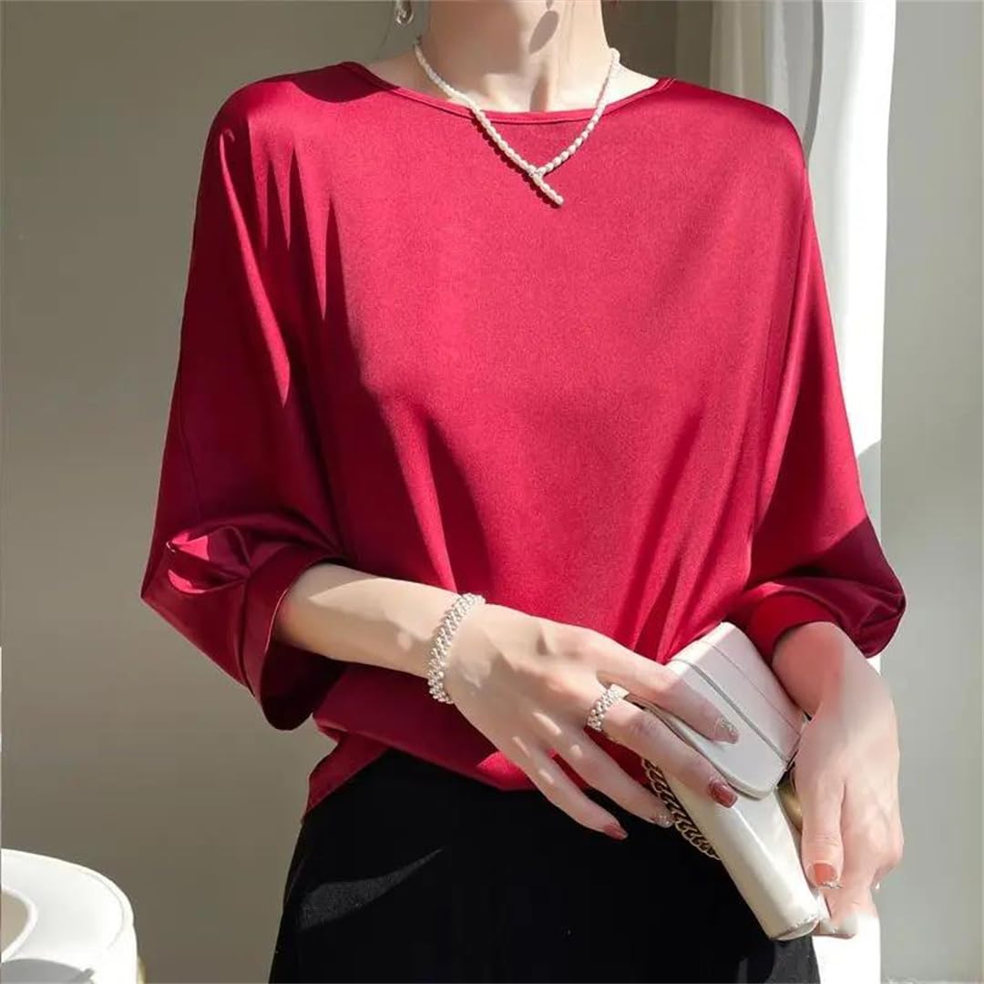 Maglietta estiva da donna in raso di seta a mezza manica t-shirt tinta unita casual O-collo camicie sottili da donna camicette larghe