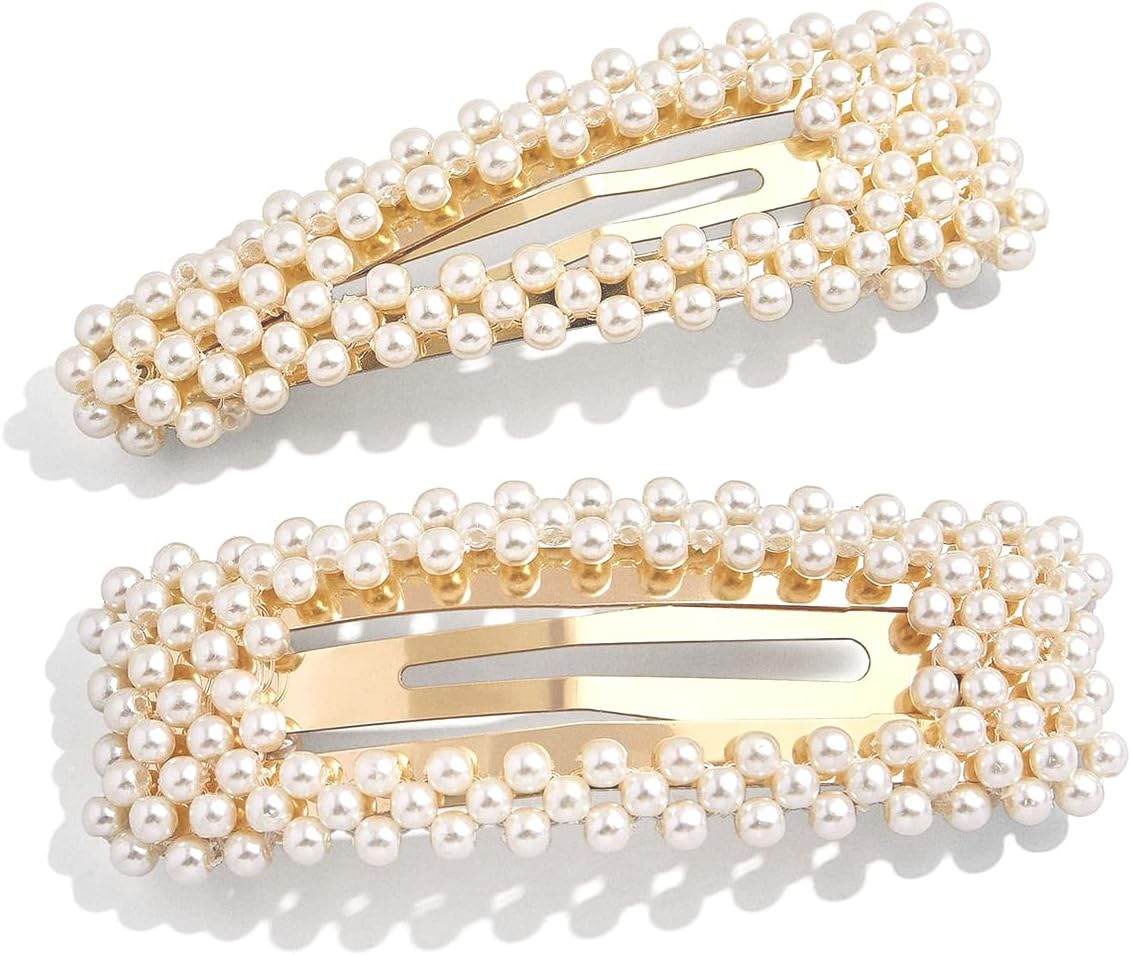 Pearl Hair Clips 2Pcs Gold Snap Hairpins Barrettes for Women Girls | Everyday Hair Styling, Wedding Headpiece, Back School Valentines Bridal Holiday Party Outfit Decor Accessories, Birthday Gift