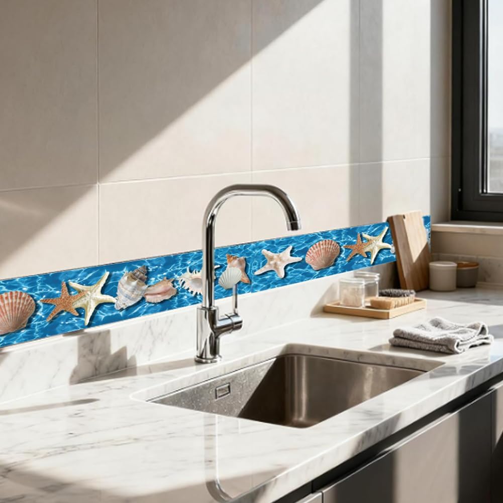 Beach Wallpaper Border Wall Border Trim Peel and Stick 19.7 x 4 Inch Ocean Seashell Starfish Pattern PVC Decorative Molding Stickers for Bathroom Kitchen Backsplash Hotel Home Decoration