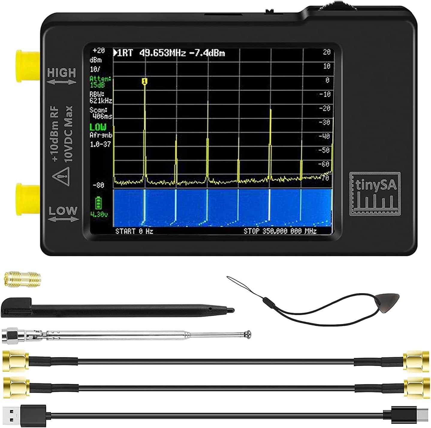 AURSINC Hand Held Spectrum Analyzer, tinySA MF/HF/VHF UHF Input for 0.1MHZ-350MHz, UHF Input for 240MHz-960MHz, Signal Generator with 2.8 inch Touch Screen Battery