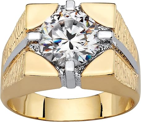 PalmBeach Jewelry Mens Sterling Silver or 14K Yellow Gold Plated Round Cubic Zirconia Textured Ring Size 13